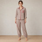 Women's Cotton Pajama Set - Oversized Stripe & Plaid Shirt & Wide-Leg Pants - Pink Plaid & Stripe