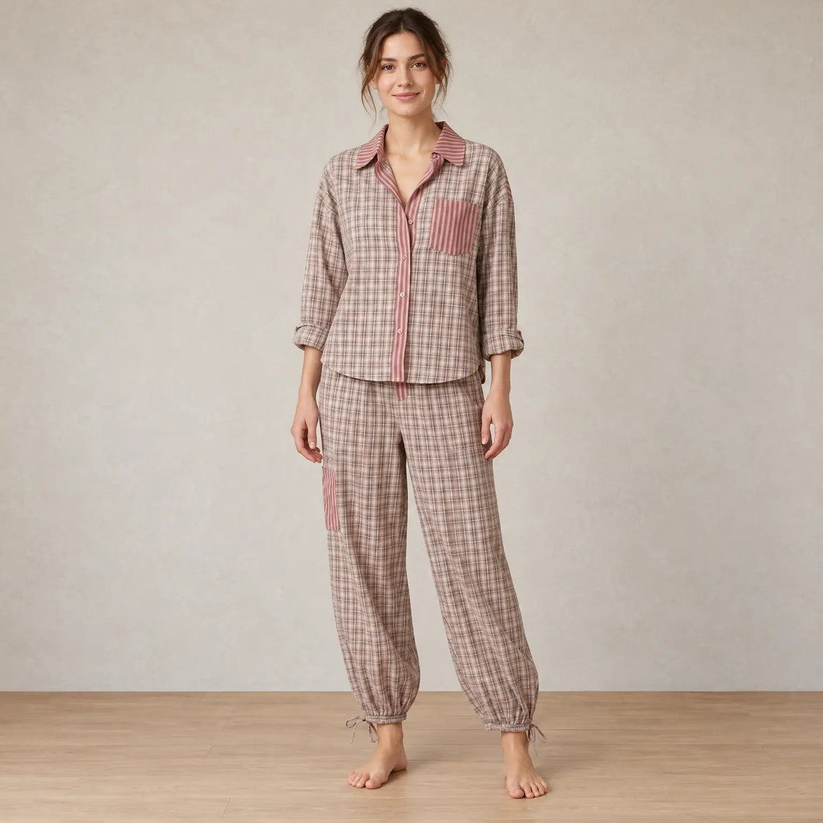 Women's Cotton Pajama Set - Oversized Stripe & Plaid Shirt & Wide-Leg Pants - Pink Plaid & Stripe