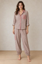 Women's Cotton Pajama Set - Oversized Stripe & Plaid Shirt & Wide-Leg Pants - Pink Plaid & Stripe