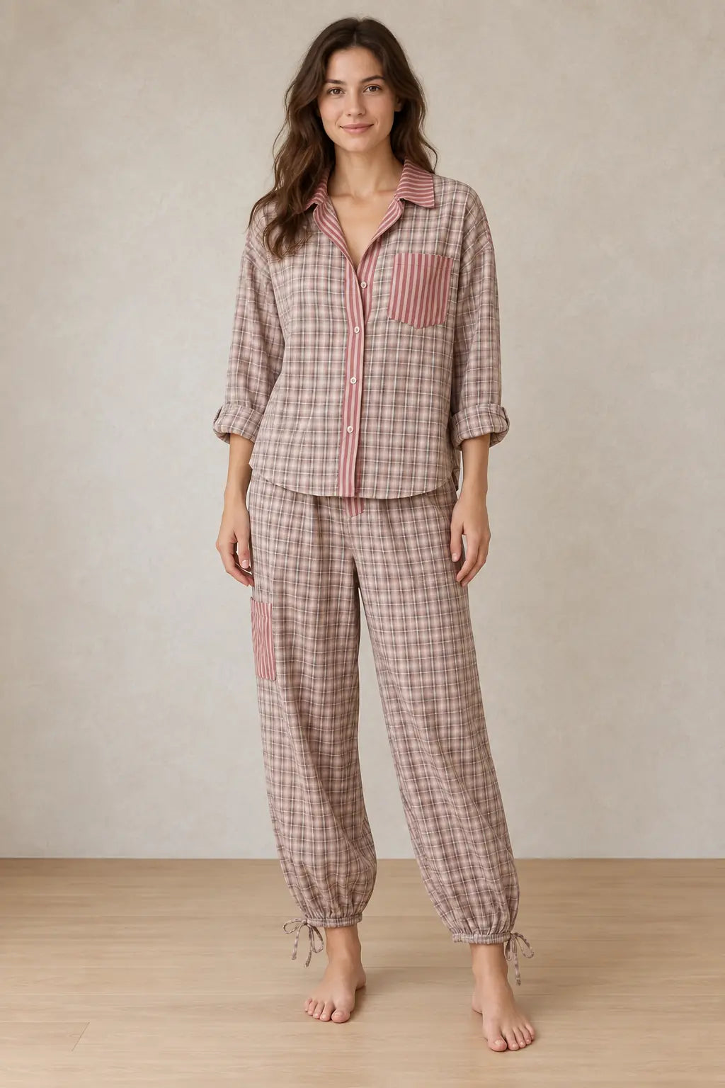 Women's Cotton Pajama Set - Oversized Stripe & Plaid Shirt & Wide-Leg Pants - Pink Plaid & Stripe