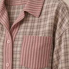 Women's Cotton Pajama Set - Oversized Stripe & Plaid Shirt & Wide-Leg Pants - Pink Plaid & Stripe