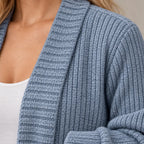 Women's Ribbed Open-Front Cardigan - Longline Knit with Patch Pockets - Dusty Blue