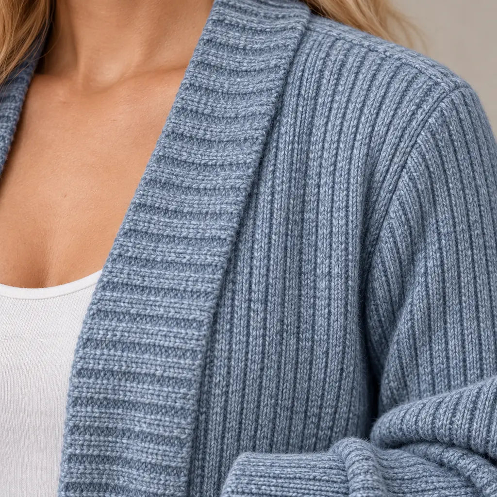 Women's Ribbed Open-Front Cardigan - Longline Knit with Patch Pockets - Dusty Blue