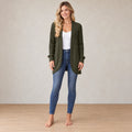 Women's Ribbed Open-Front Cardigan - Longline Knit with Patch Pockets - Olive