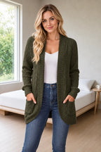 Women's Ribbed Open-Front Cardigan - Longline Knit with Patch Pockets - Olive