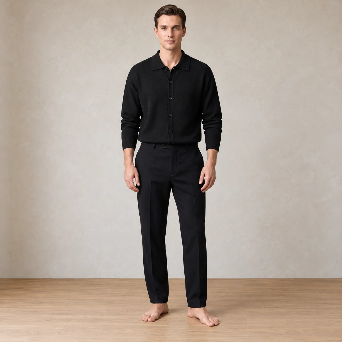 Men's Oversized Knit Cardigan - Spread Collar Button-Front Sweater - Black