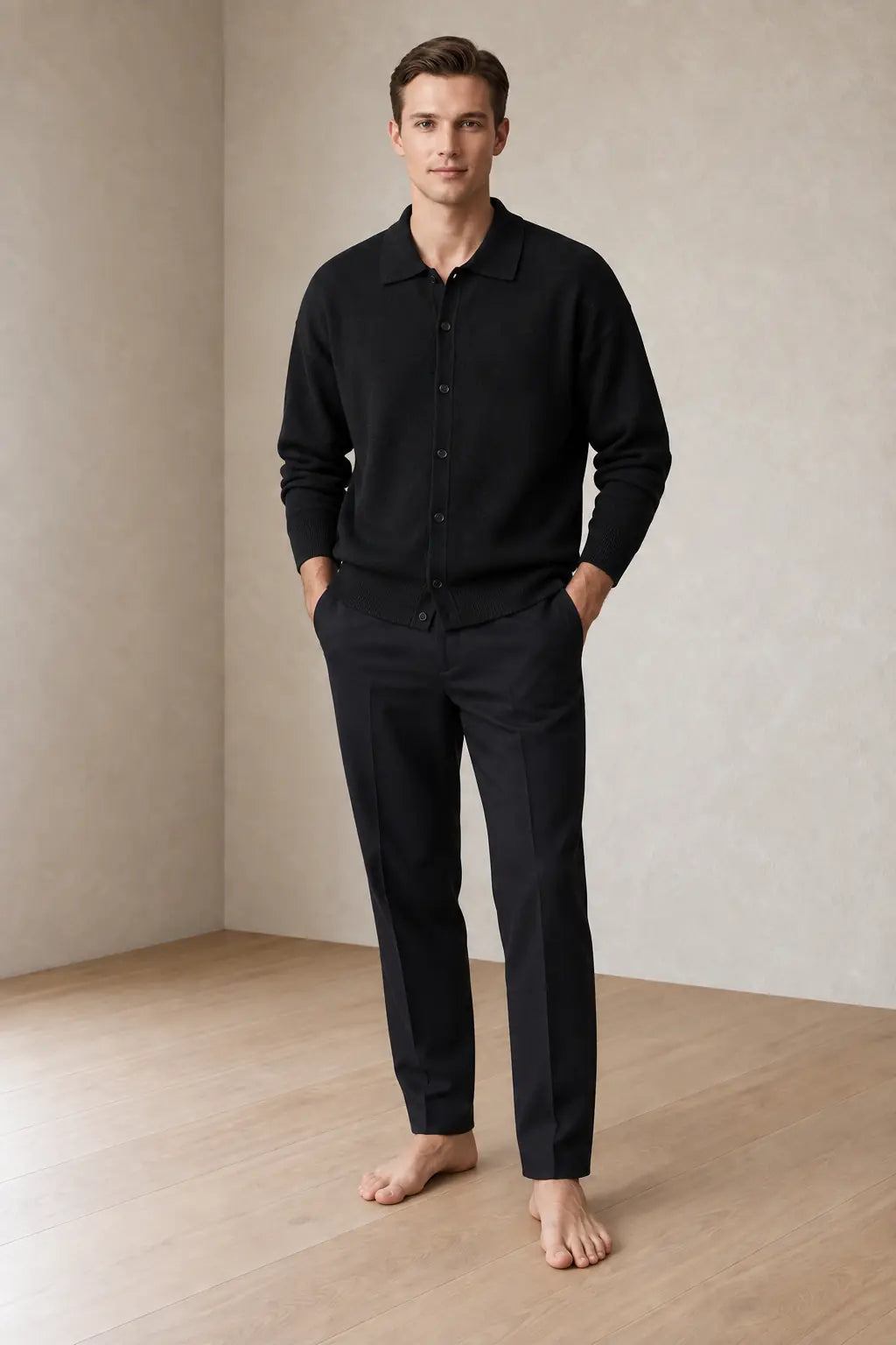 Men's Oversized Knit Cardigan - Spread Collar Button-Front Sweater - Black