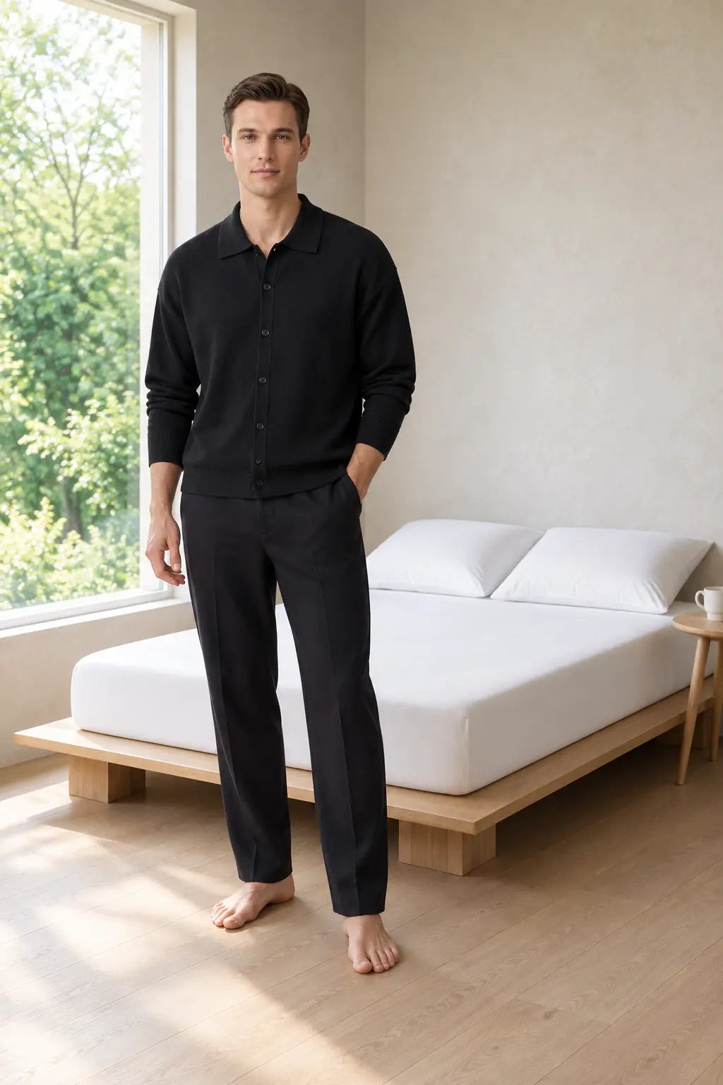 Men's Oversized Knit Cardigan - Spread Collar Button-Front Sweater - Black