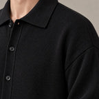 Men's Oversized Knit Cardigan - Spread Collar Button-Front Sweater - Black