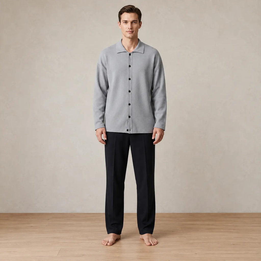 Men's Oversized Knit Cardigan - Spread Collar Button-Front Sweater - Gray