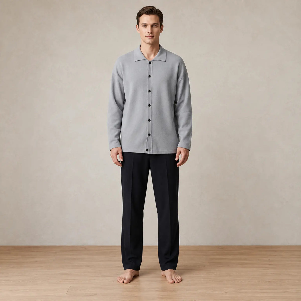 Men's Oversized Knit Cardigan - Spread Collar Button-Front Sweater - Gray