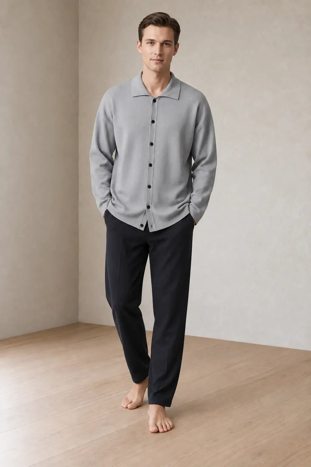 Men's Oversized Knit Cardigan - Spread Collar Button-Front Sweater - Gray