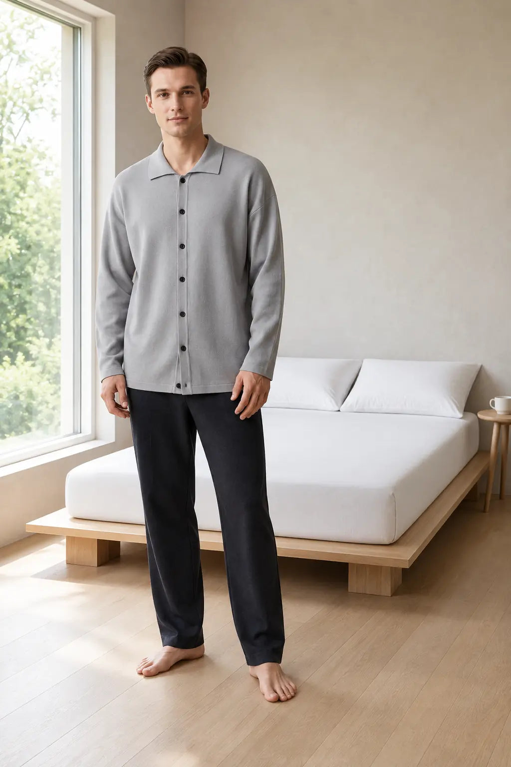 Men's Oversized Knit Cardigan - Spread Collar Button-Front Sweater - Gray