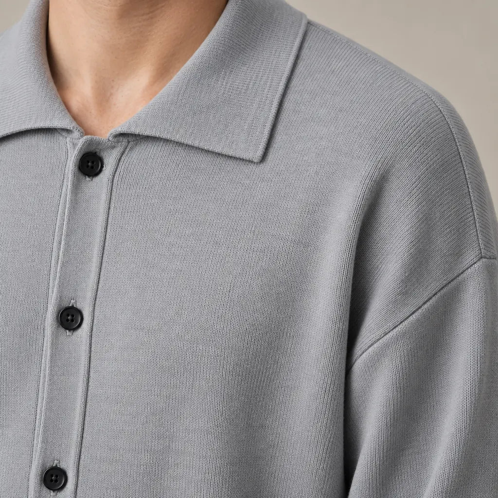Men's Oversized Knit Cardigan - Spread Collar Button-Front Sweater - Gray