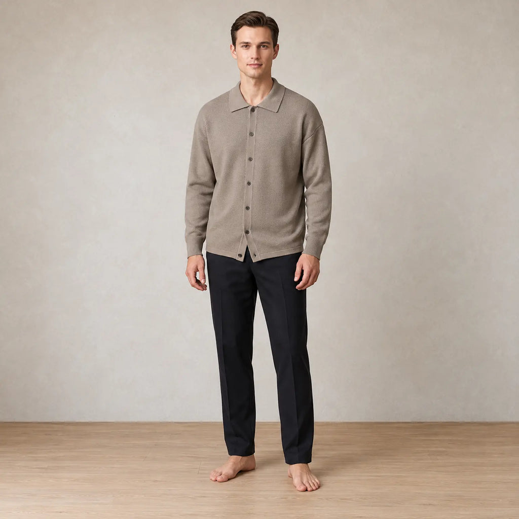 Men's Oversized Knit Cardigan - Spread Collar Button-Front Sweater - Taupe