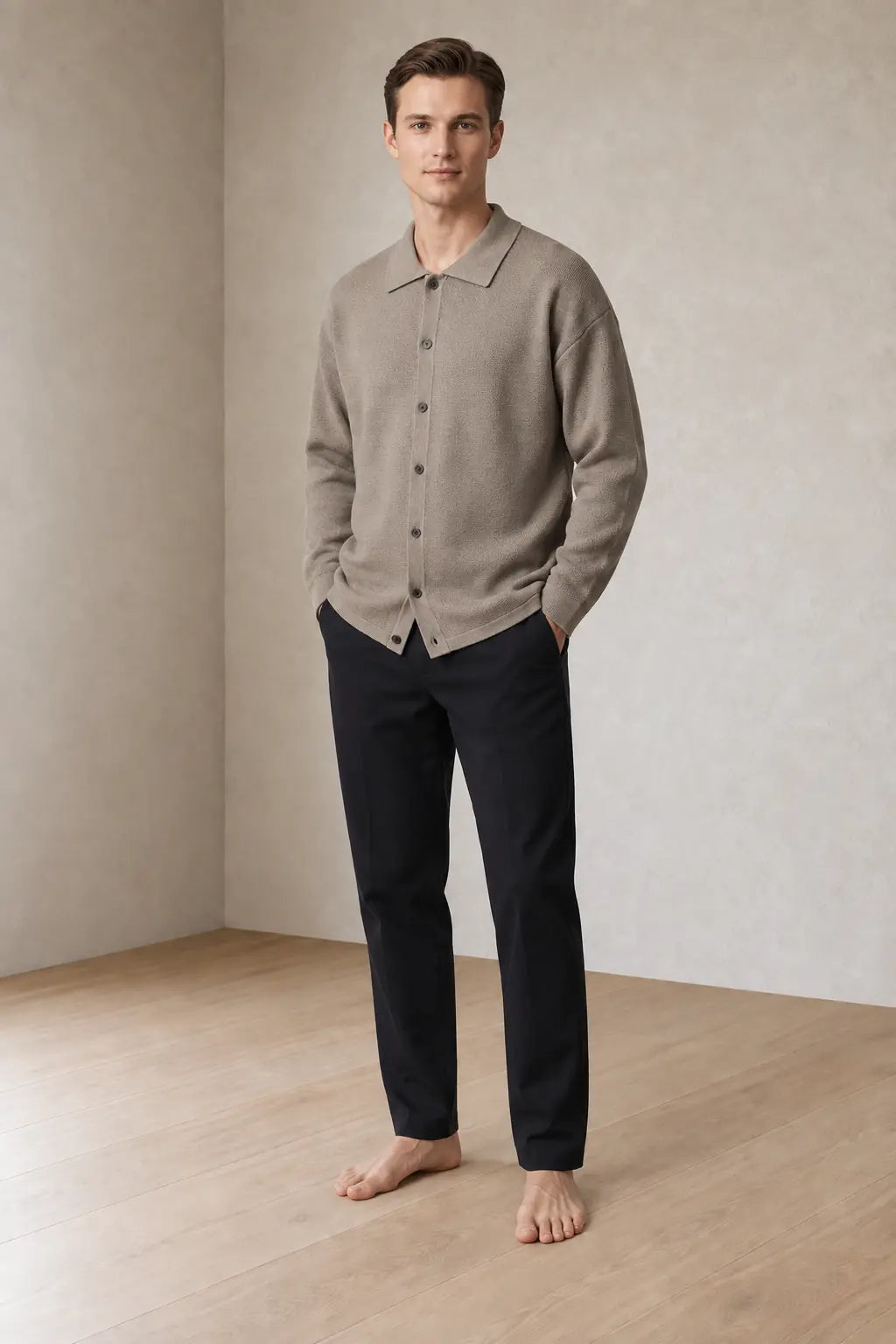 Men's Oversized Knit Cardigan - Spread Collar Button-Front Sweater - Taupe
