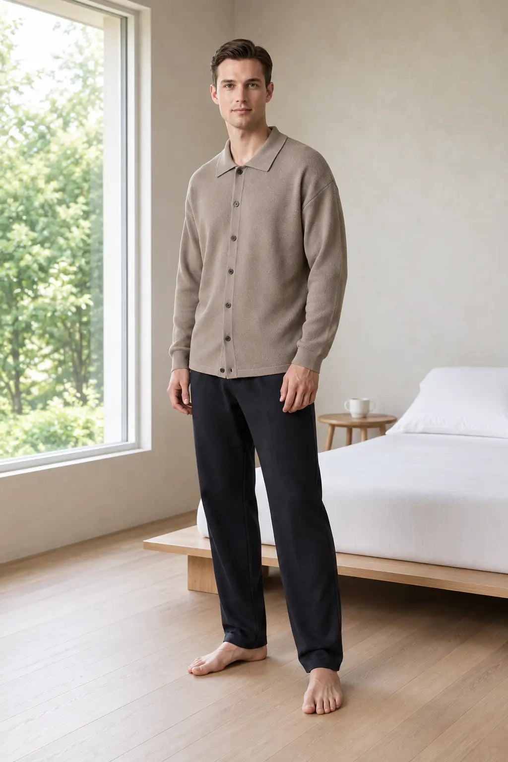 Men's Oversized Knit Cardigan - Spread Collar Button-Front Sweater - Taupe