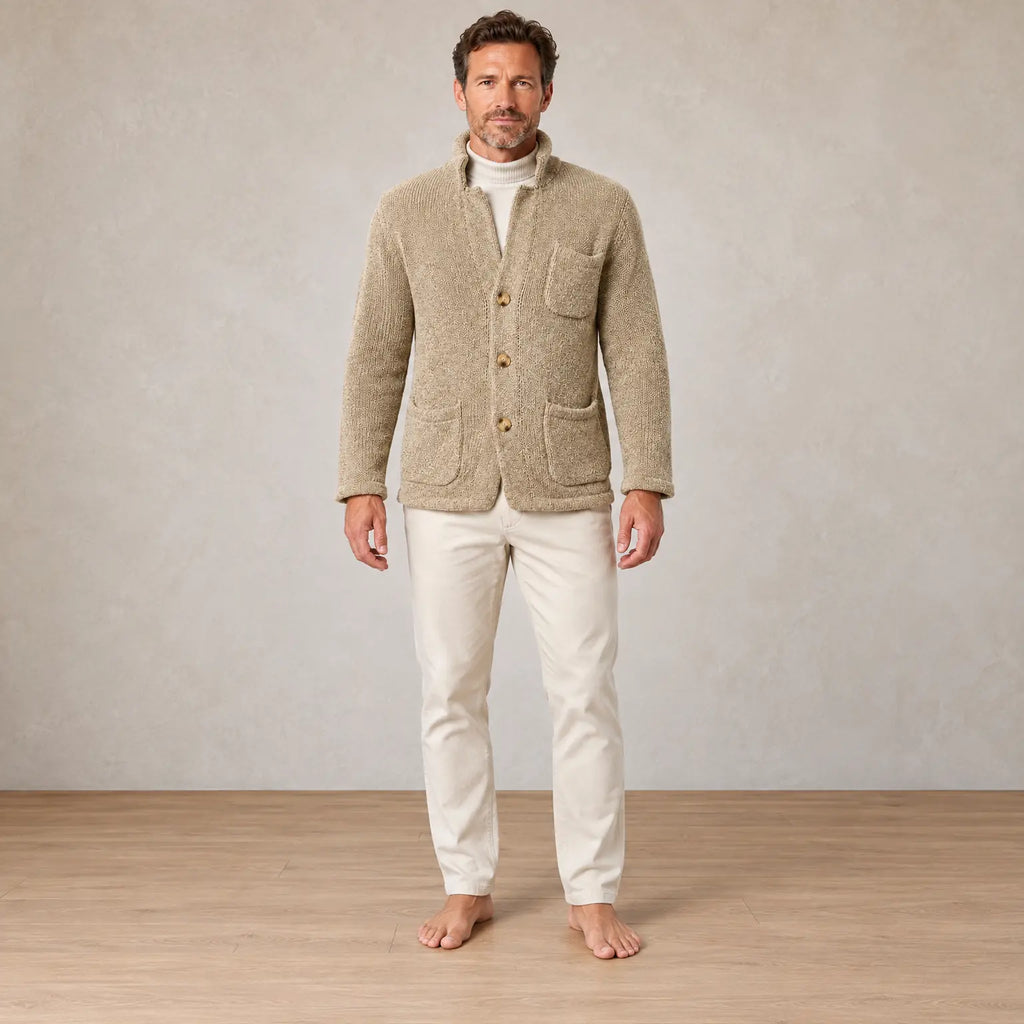 Men's Chunky Knit Cardigan - Stand Collar Button-Front Sweater with Pockets - Beige
