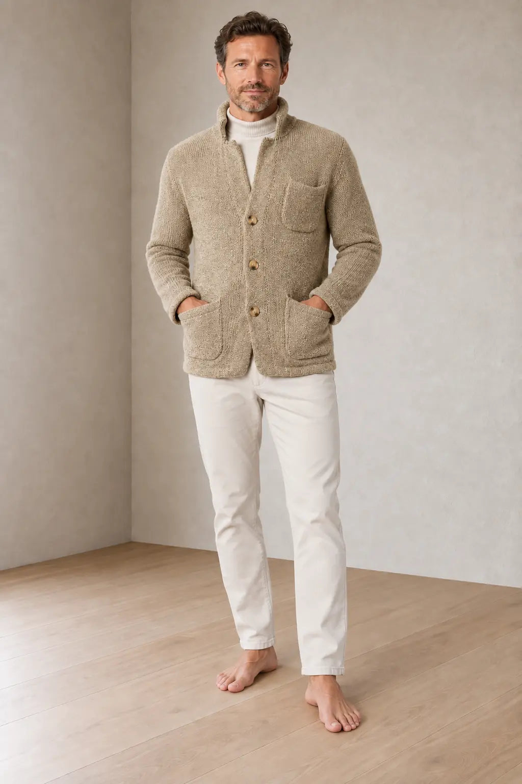 Men's Chunky Knit Cardigan - Stand Collar Button-Front Sweater with Pockets - Beige