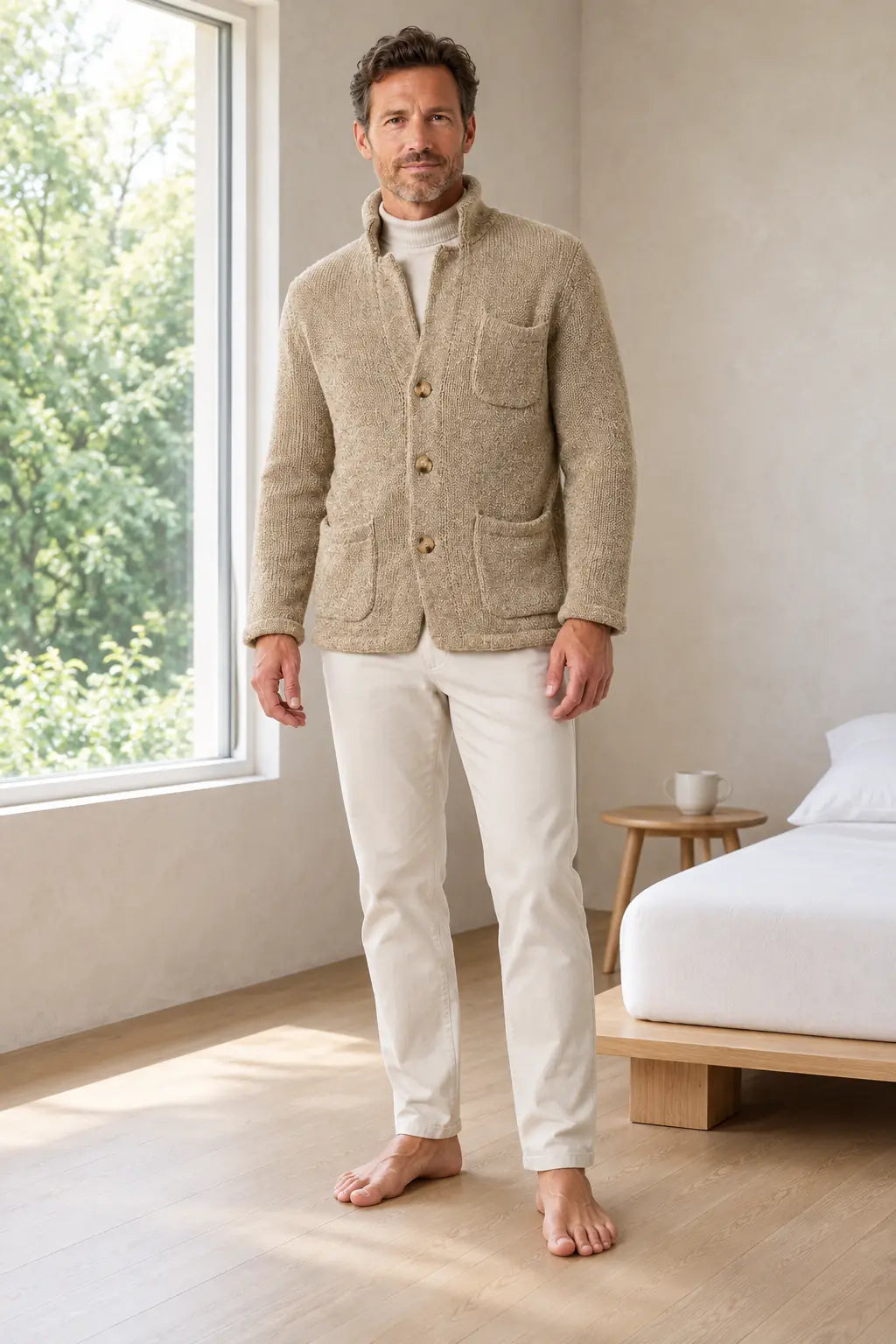 Men's Chunky Knit Cardigan - Stand Collar Button-Front Sweater with Pockets - Beige