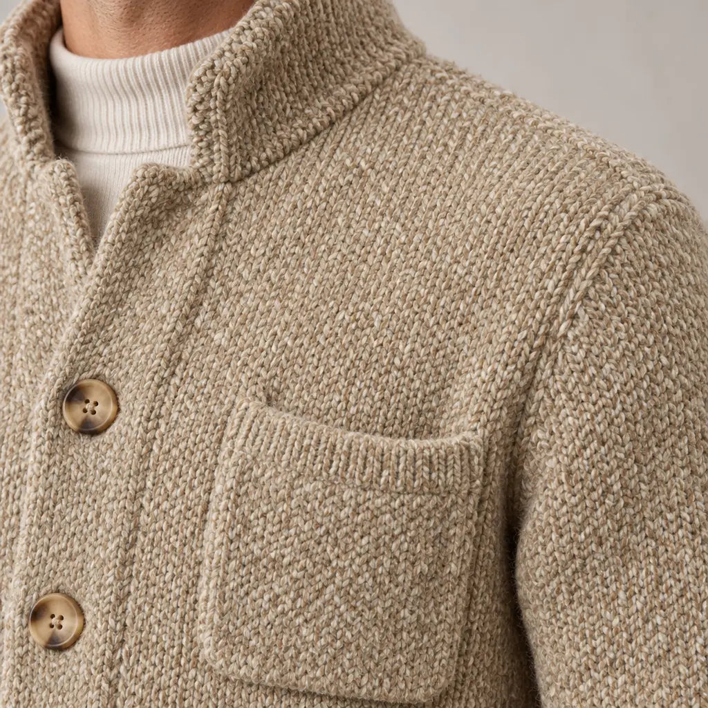 Men's Chunky Knit Cardigan - Stand Collar Button-Front Sweater with Pockets - Beige