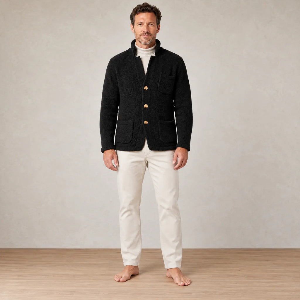 Men's Chunky Knit Cardigan - Stand Collar Button-Front Sweater with Pockets - Black