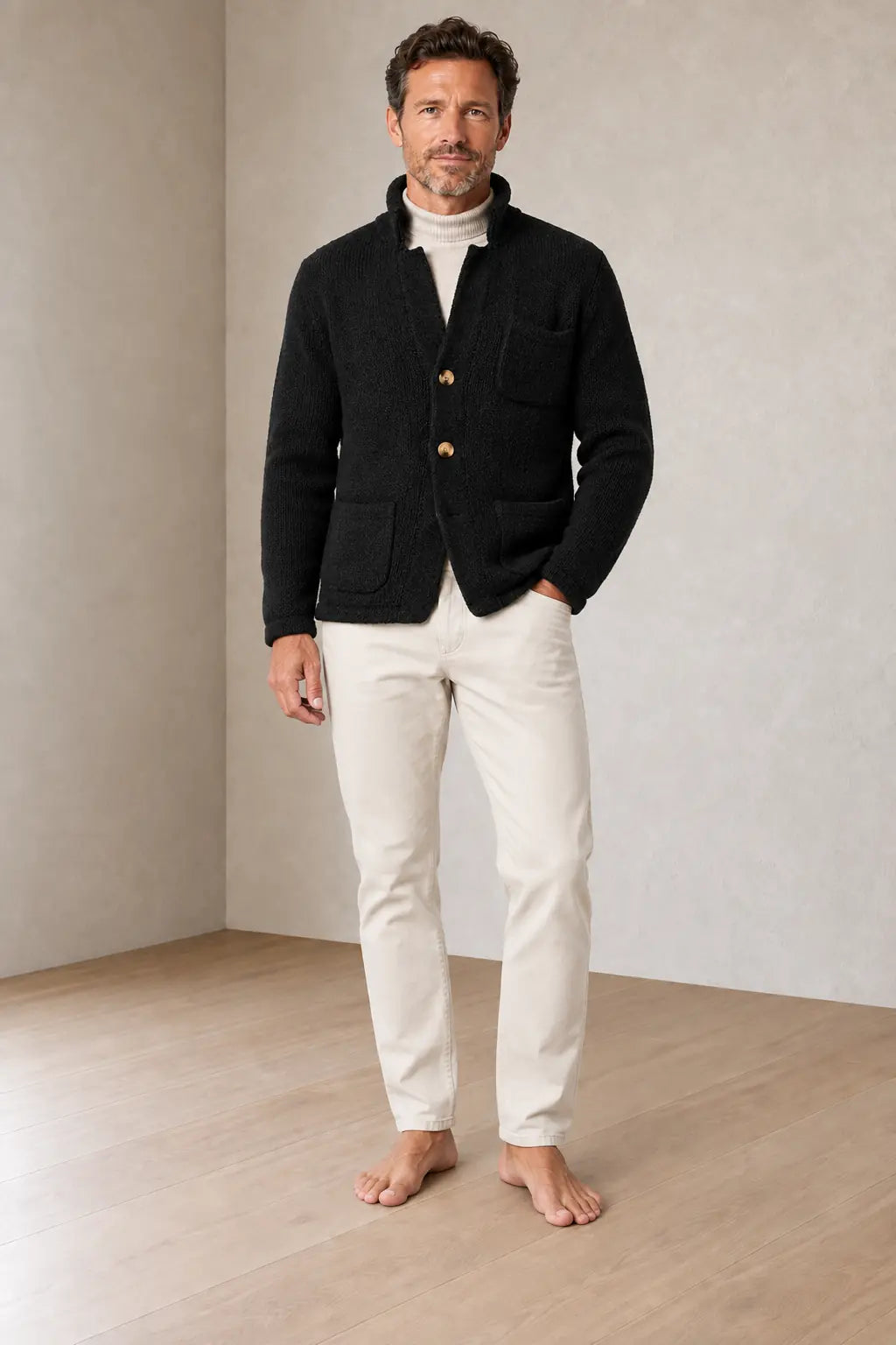 Men's Chunky Knit Cardigan - Stand Collar Button-Front Sweater with Pockets - Black