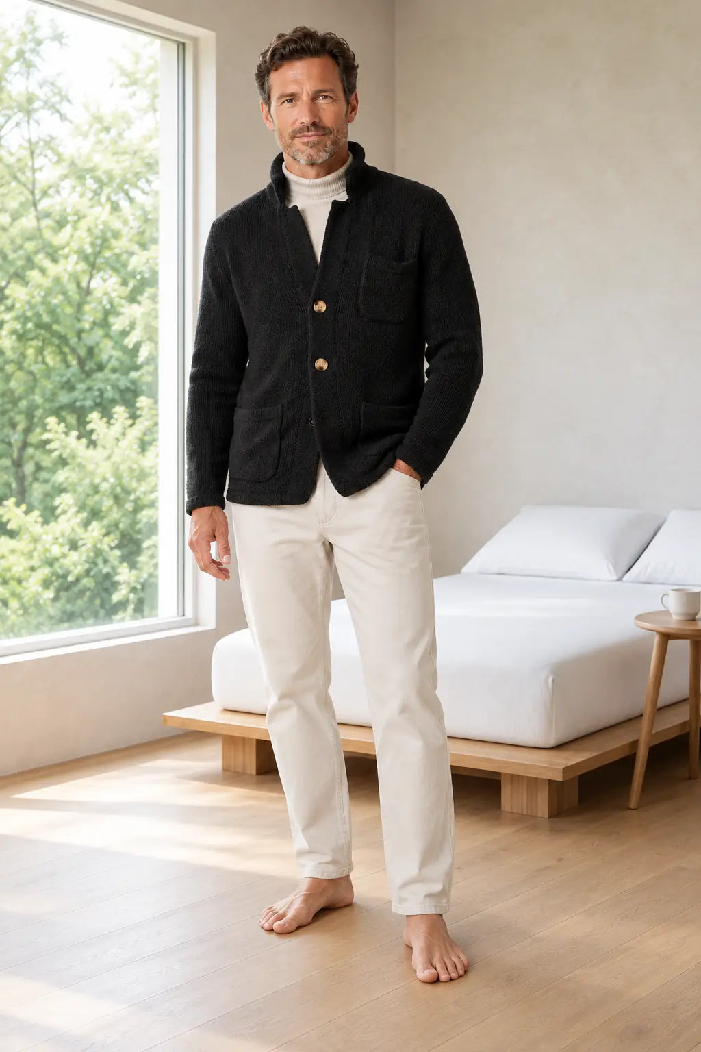Men's Chunky Knit Cardigan - Stand Collar Button-Front Sweater with Pockets - Black