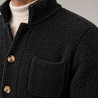 Men's Chunky Knit Cardigan - Stand Collar Button-Front Sweater with Pockets - Black