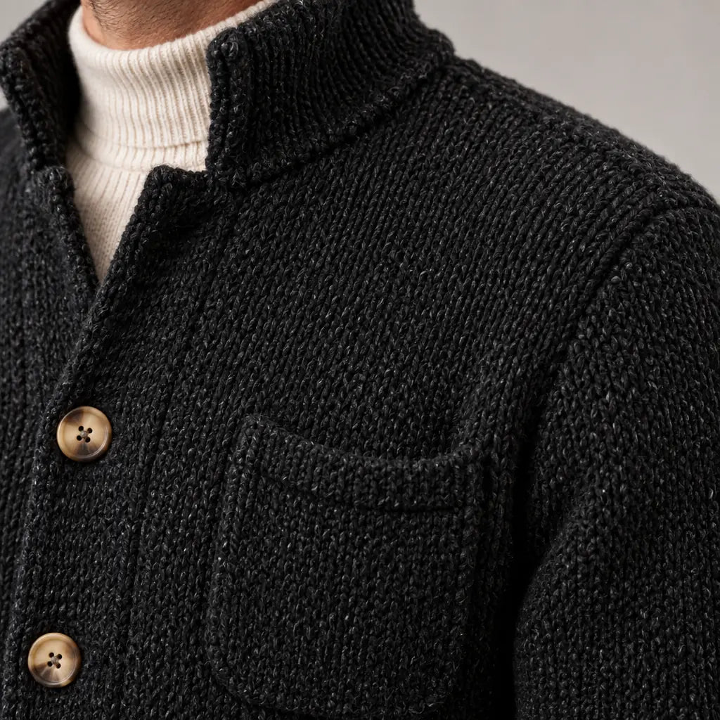 Men's Chunky Knit Cardigan - Stand Collar Button-Front Sweater with Pockets - Black