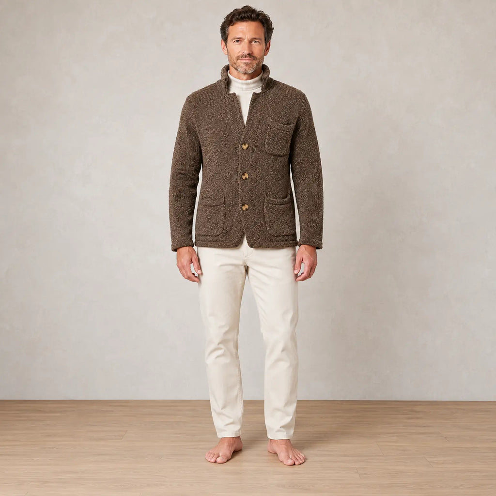 Men's Chunky Knit Cardigan - Stand Collar Button-Front Sweater with Pockets - Brown