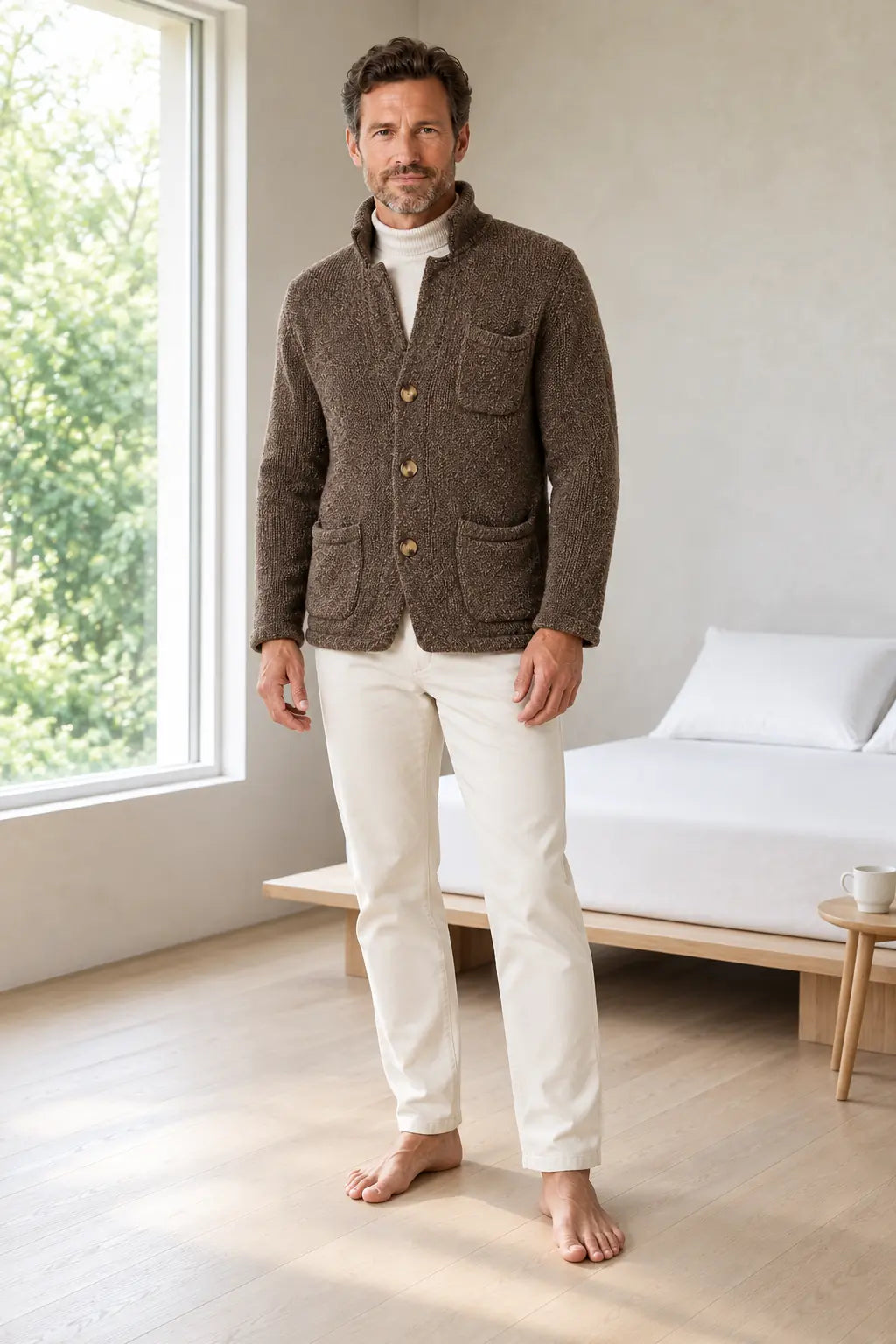 Men's Chunky Knit Cardigan - Stand Collar Button-Front Sweater with Pockets - Brown