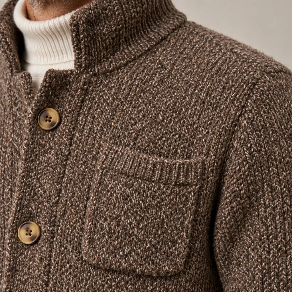 Men's Chunky Knit Cardigan - Stand Collar Button-Front Sweater with Pockets - Brown