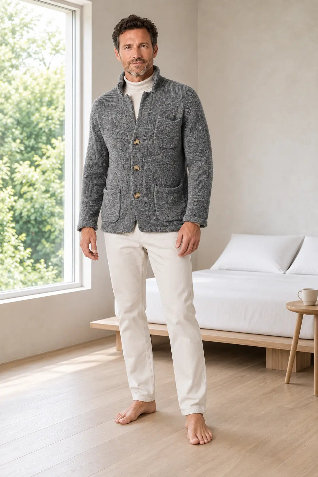 Men's Chunky Knit Cardigan - Stand Collar Button-Front Sweater with Pockets - Gray