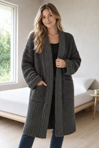 Women's Chunky Knit Cardigan - Oversized Open-Front Long Sweater with Pockets - Charcoal