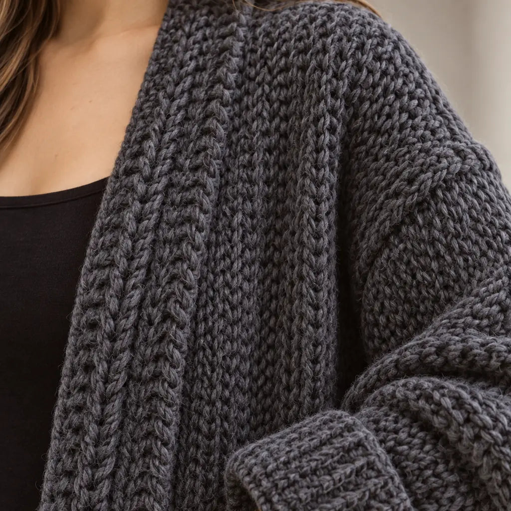 Women's Chunky Knit Cardigan - Oversized Open-Front Long Sweater with Pockets - Charcoal