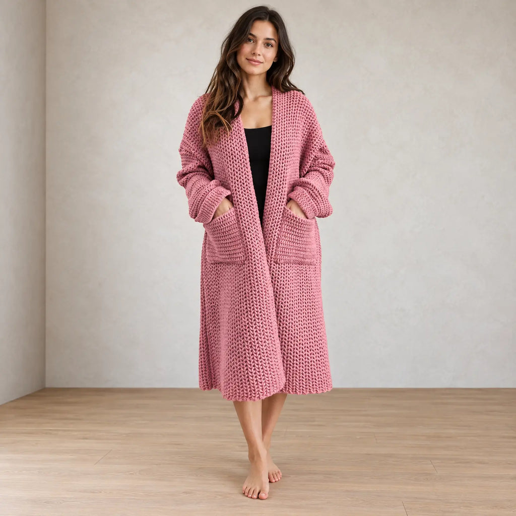Women's Chunky Knit Cardigan - Oversized Open-Front Long Sweater with Pockets - Dusty Pink