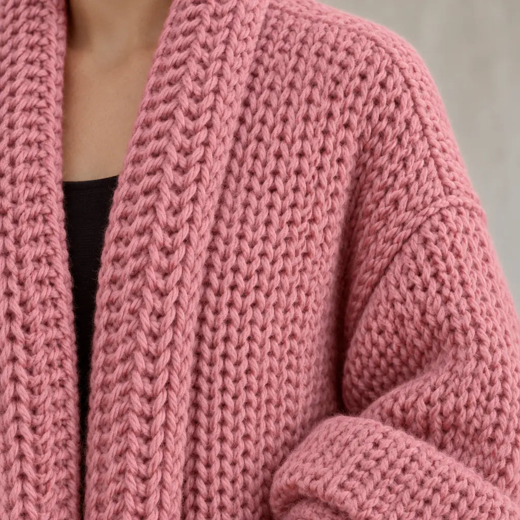 Women's Chunky Knit Cardigan - Oversized Open-Front Long Sweater with Pockets - Dusty Pink