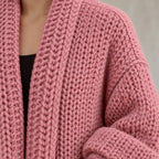 Women's Chunky Knit Cardigan - Oversized Open-Front Long Sweater with Pockets - Dusty Pink