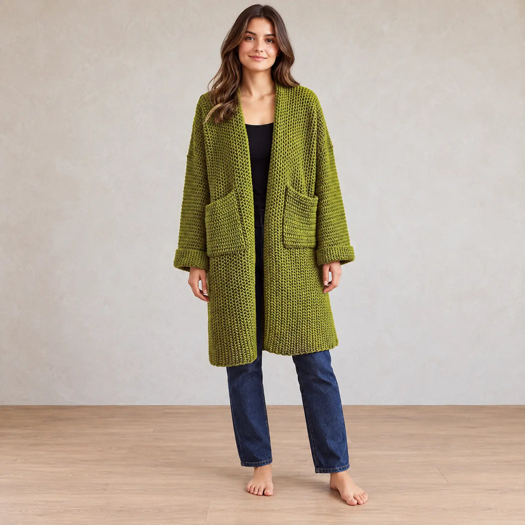 Women's Chunky Knit Cardigan - Oversized Open-Front Long Sweater with Pockets - Moss Green