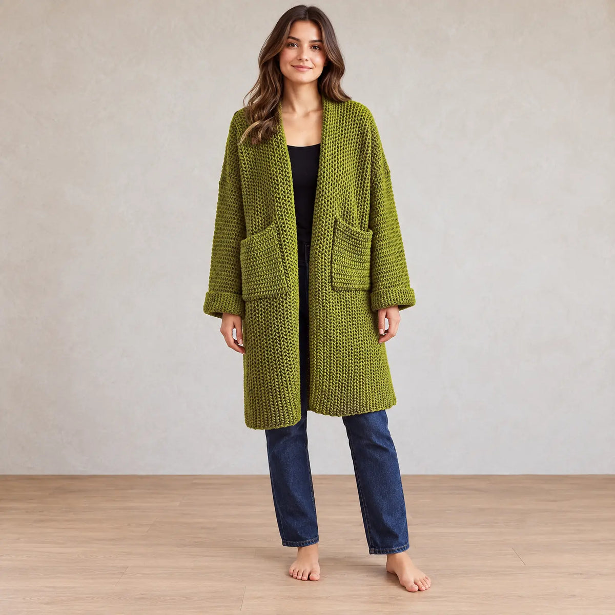 Women's Chunky Knit Cardigan - Oversized Open-Front Long Sweater with Pockets - Moss Green