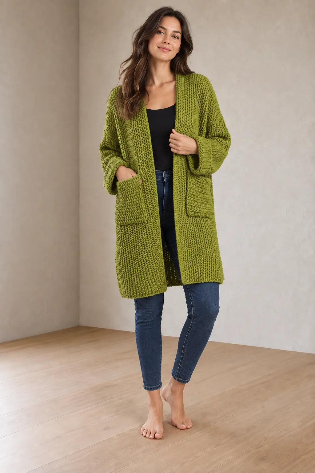 Women's Chunky Knit Cardigan - Oversized Open-Front Long Sweater with Pockets - Moss Green