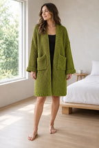 Women's Chunky Knit Cardigan - Oversized Open-Front Long Sweater with Pockets - Moss Green