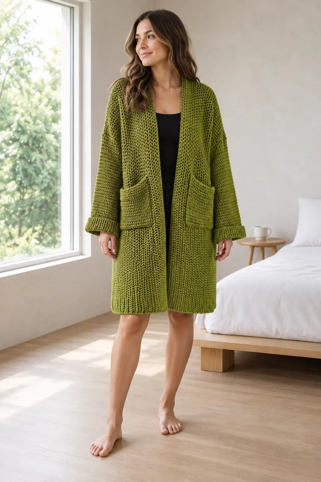 Women's Chunky Knit Cardigan - Oversized Open-Front Long Sweater with Pockets - Moss Green