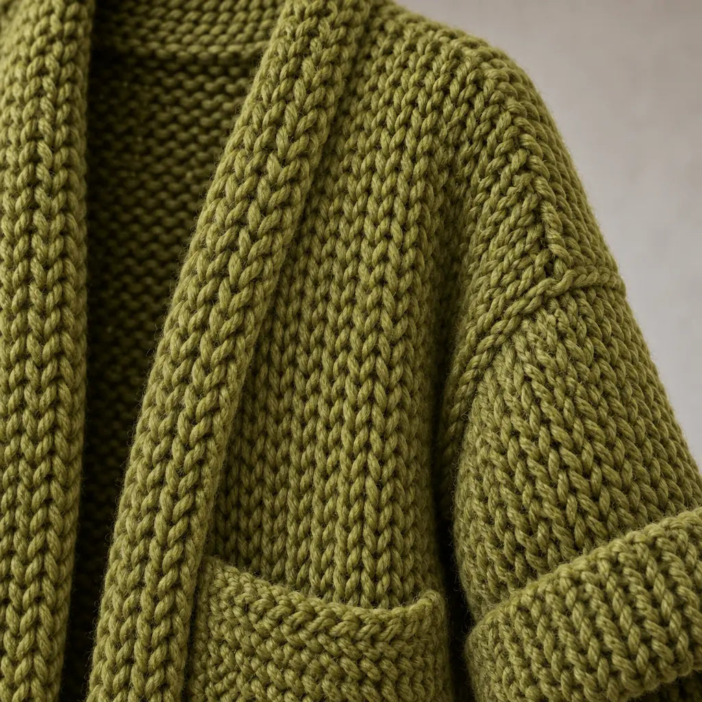 Women's Chunky Knit Cardigan - Oversized Open-Front Long Sweater with Pockets - Moss Green