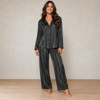 Women's Satin Stripe Pajama Set - Long Sleeve Button-Up Top & Wide Pants - Black