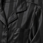 Women's Satin Stripe Pajama Set - Long Sleeve Button-Up Top & Wide Pants - Black