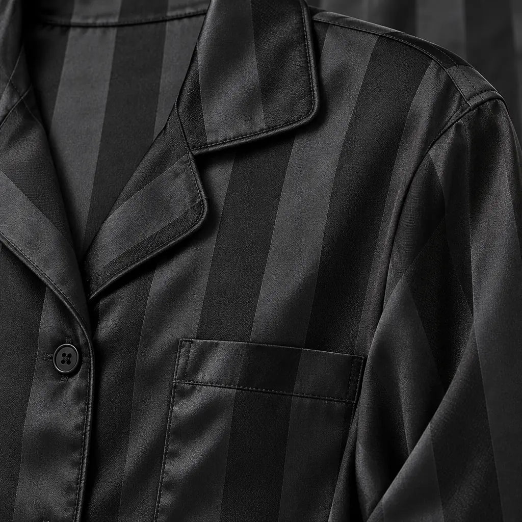Women's Satin Stripe Pajama Set - Long Sleeve Button-Up Top & Wide Pants - Black