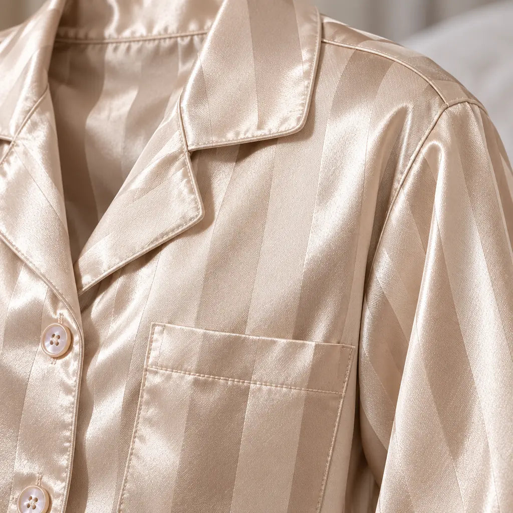 Women's Satin Stripe Pajama Set - Long Sleeve Button-Up Top & Wide Pants - Champagne