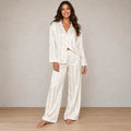 Women's Satin Stripe Pajama Set - Long Sleeve Button-Up Top & Wide Pants - Ivory